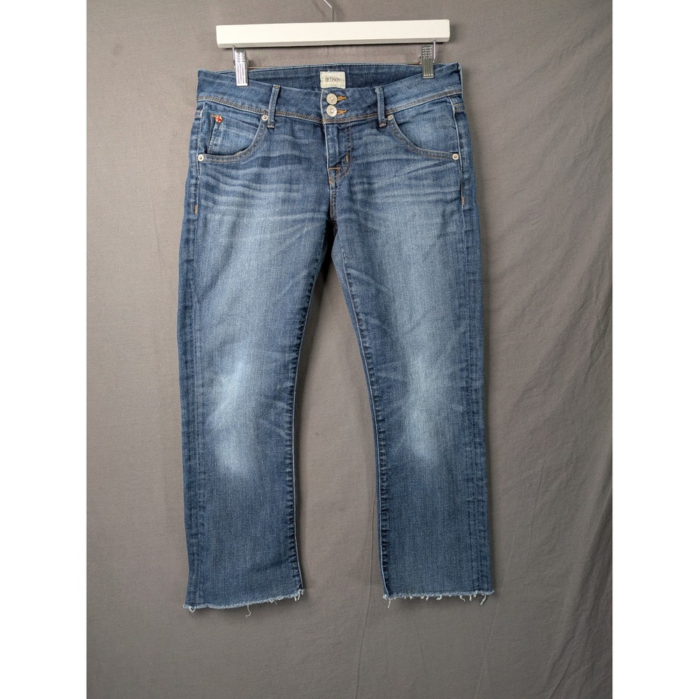 Hudson Jeans Beth Baby Bootcut Blue Denim Low Rise Raw Hem Flap Pockets 7387